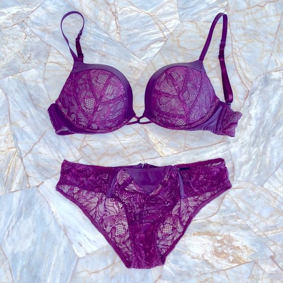 Victoria's Secret Other - 2 Pc Bombshell Set: 32C Bra and Small Panty Faux Leather Purple Red Lace RARE
